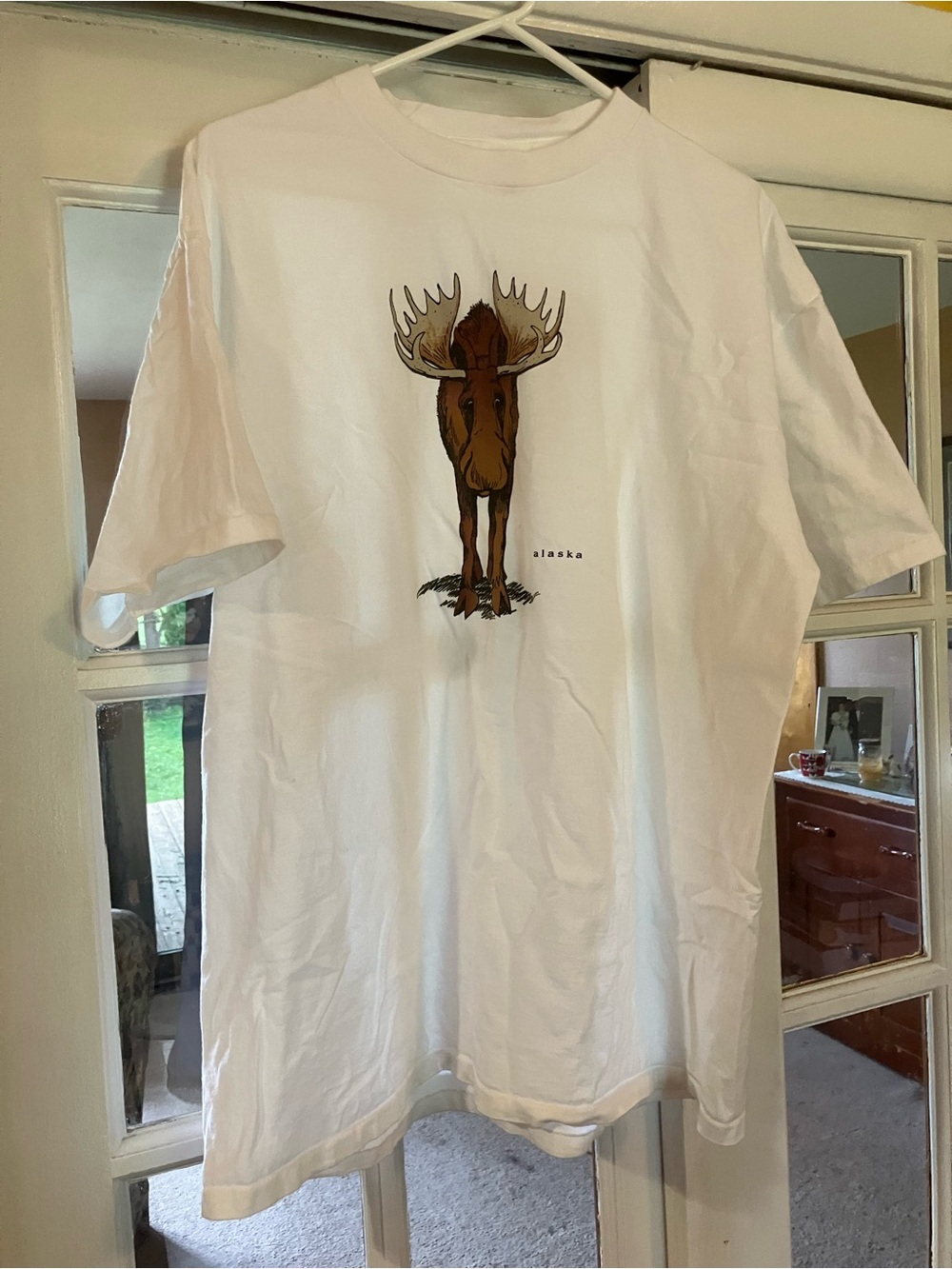 Men's White Graphic T-Shirt with Moose Illustration